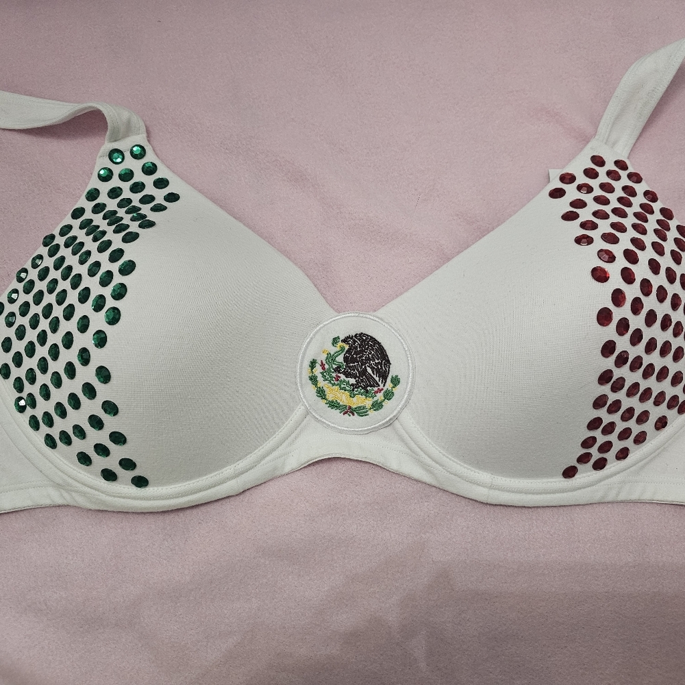 Mexico Flag Latina Bra With Green and Red Rhinestones